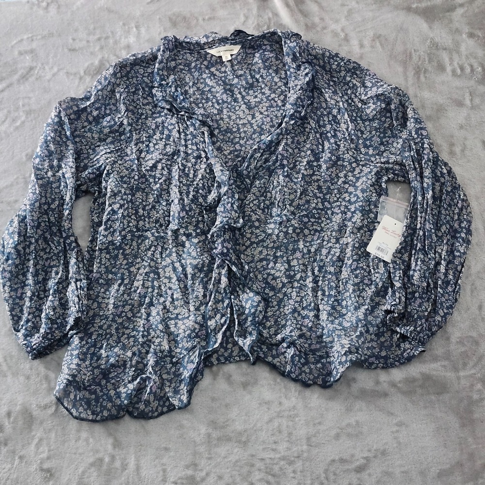 Lucky Brand Women XL Sheer‎ Peasant Blouse Ruffle Button Up Blue Floral NEW - Picture 2 of 16